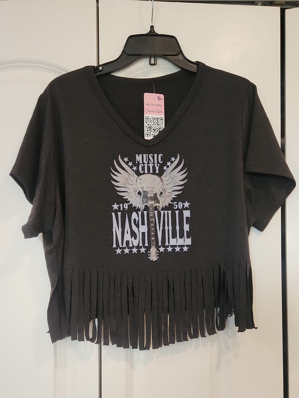 Fringed Nashville Music City Cropped Graphic Tee - Dark Gray